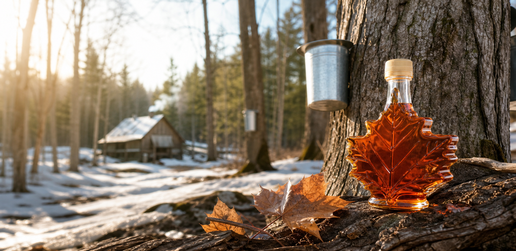 Maple syrup bottle beside a tapped maple tree in a snowy Minnesota sugarbush